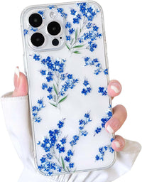 NITITOP Compatible with iPhone 15 Pro Case Cute Clear Flower Floral Branch Design for Women Girls Artistic Transparent Soft TPU Shockproof Protective Phone Cover - Blue