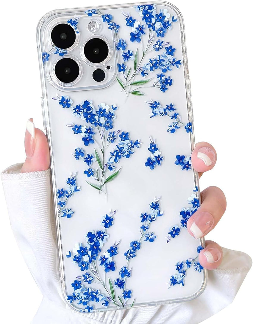NITITOP Compatible with iPhone 15 Pro Case Cute Clear Flower Floral Branch Design for Women Girls Artistic Transparent Soft TPU Shockproof Protective Phone Cover - Blue