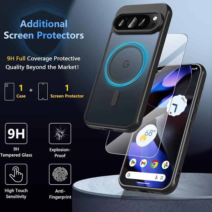 OWKEY Google Pixel 9 Case, Google Pixel 9 Pro Case for Magsafe with Tempered Glass Screen Protector,[Shockproof Military] Magnetic Translucent Slim Bumper Cover Phone Case Pixel 9/Pixel 9 Pro,Black
