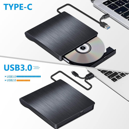 ZZOSRDR External CD DVD Drive, Type-C & USB 3.0 Portable Optical DVD Drive, CD DVD Player RW Writer Burner Reader for Laptop, Desktop, PC, Mac, IOS, Windows 11/10 / 8/7 / XP/Linux/Vista