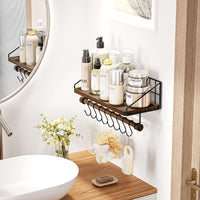 Alsonerbay Floating Shelves Wood Kitchen Shelves Wall Mounted,Rustic Storage with 8 Removable Hooks Small Floating Shelf with black Metal and dark brown Wood for Kitchen Bathroom Bar