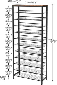 HOOBRO Shoe Rack Tall, Large Capacity Shoe Storage Organizer, 12-Tier Shoe Rack for 44-55 Pairs of Shoes, 75 x 28.5 x 194.5cm, Adjustable Metal Shelves, Shoe Storage Unit, Rustic Brown EBF51XJ01