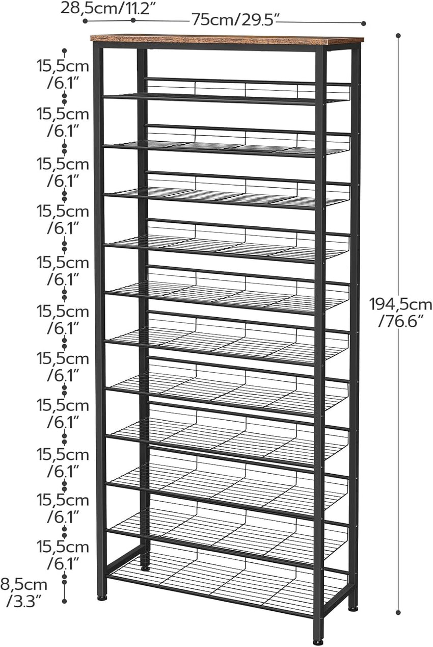 HOOBRO Shoe Rack Tall, Large Capacity Shoe Storage Organizer, 12-Tier Shoe Rack for 44-55 Pairs of Shoes, 75 x 28.5 x 194.5cm, Adjustable Metal Shelves, Shoe Storage Unit, Rustic Brown EBF51XJ01