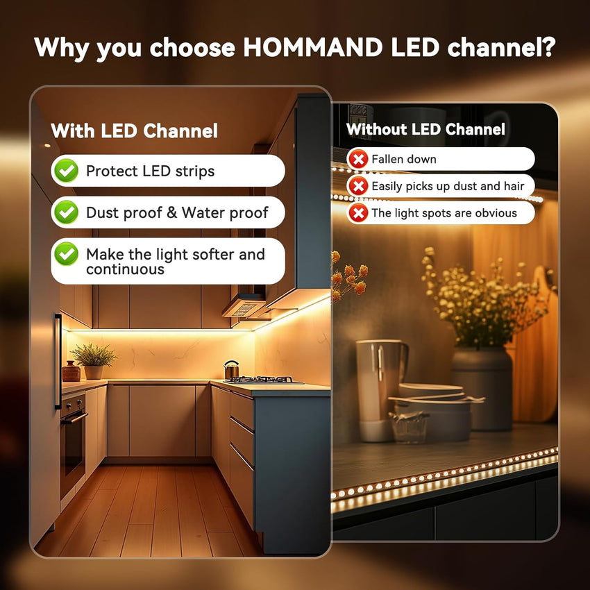 HOMMAND LED Channel, LED Profile 10 Packs 1m/3.3ft U-Shape, LED Diffuser and LED Aluminium Profile with Corner Connectors, End Caps, Mounting Clips and Adhesive, LED Strip Channel 10m