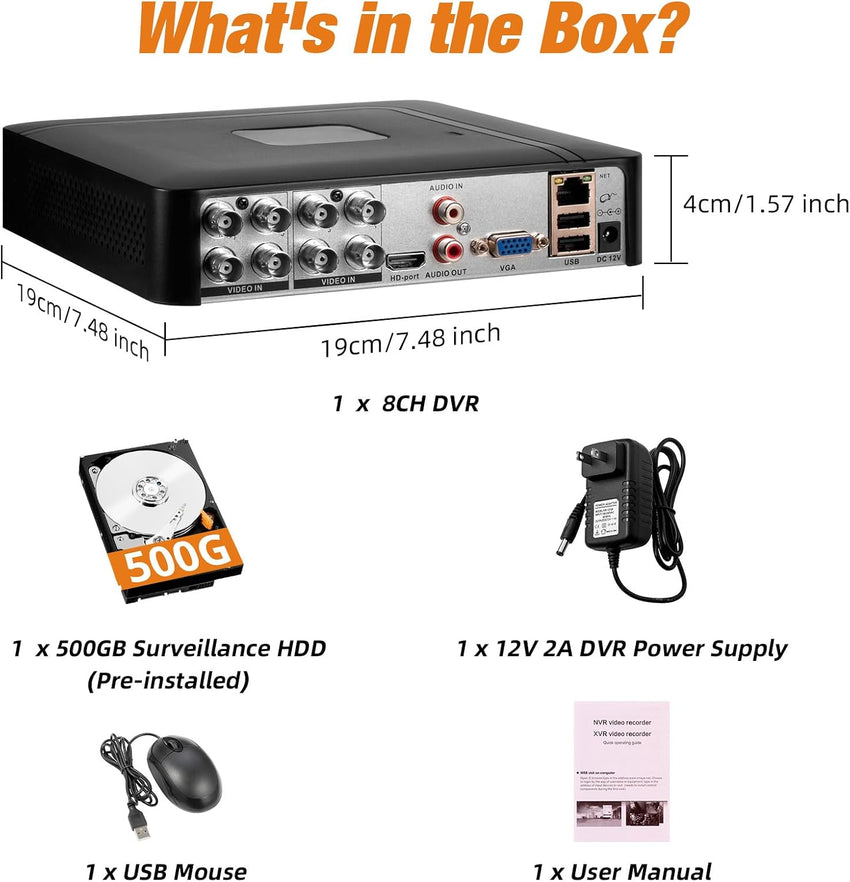 Surveillance DVR 8 Channel H.265+ Security Video Recorder with 500G HDD,Hybrid 5-in-1 CCTV DVR for IPC/AHD/TVI/XVI/CVI Camera,DVR for Security Camera Home Surveillance System, Mobile APP & PC Remote