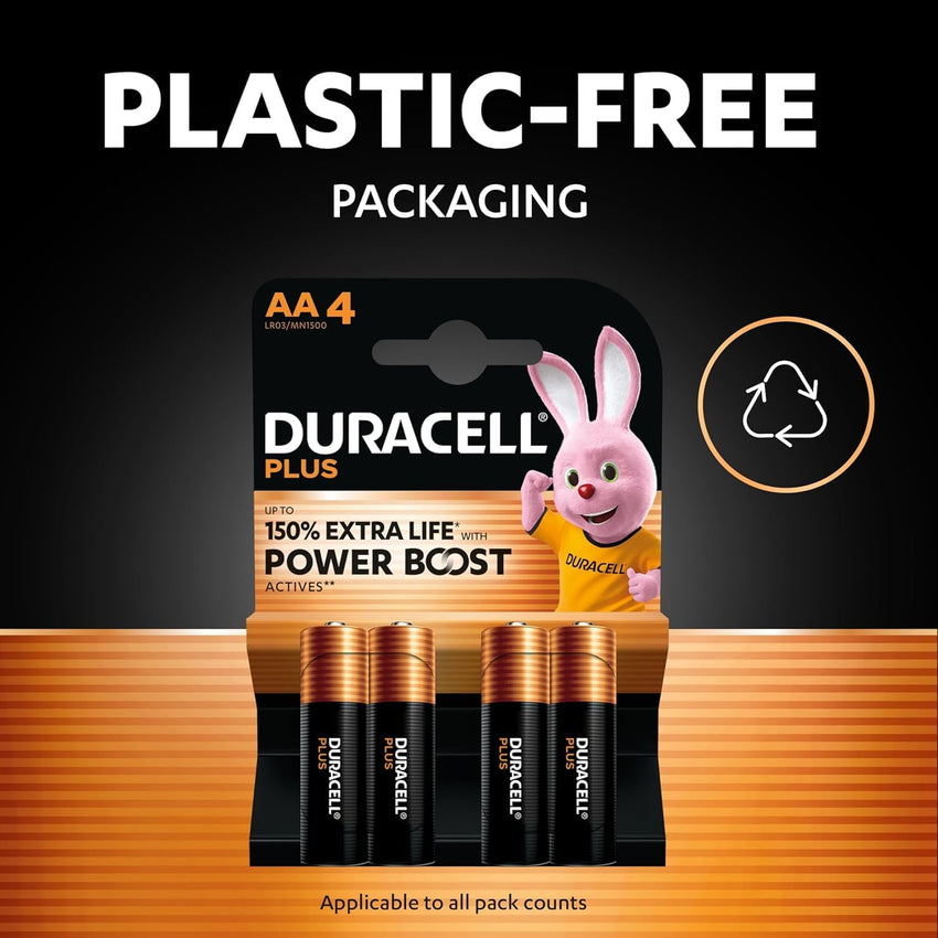 DURACELL Plus AA Batteries (24 Pack) - Alkaline Batteries 1.5V - Up to 150% Extra Life with POWER BOOST Actives- Reliability For Everyday Devices - 0% Plastic Packaging - 10-Year Storage - MN1500