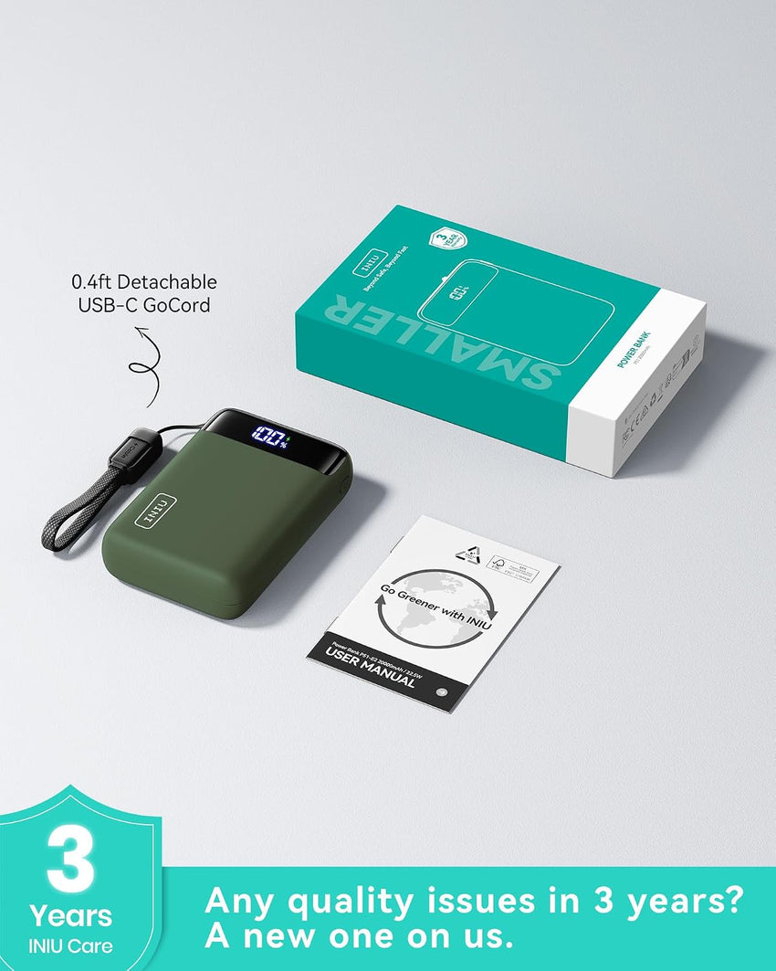 INIU 20000mAh Power Bank 22.5W PD3.0 QC4.0 USB-C Fast Charge Portable Battery Green