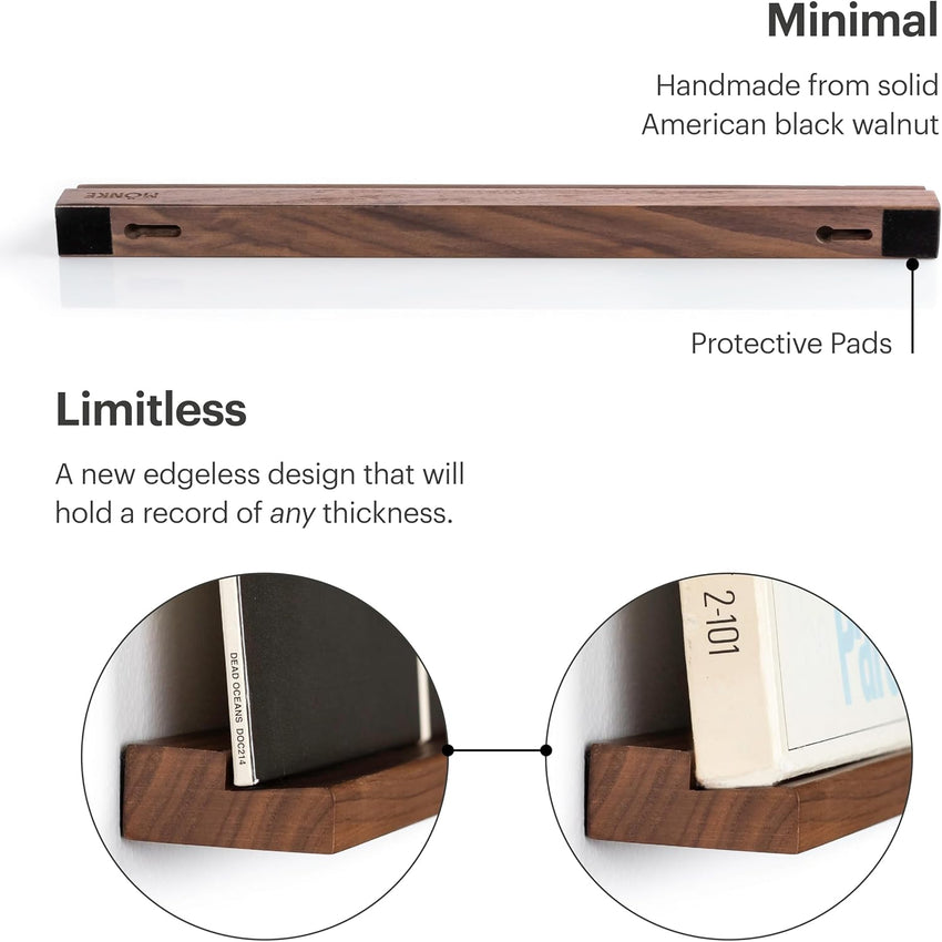 MÖNKE Vinyl Record Wall Mount - an Elegant Display Ledge Made from Solid Wood - This Vinyl Record Shelf Will Hold Records of Any Size (Walnut)