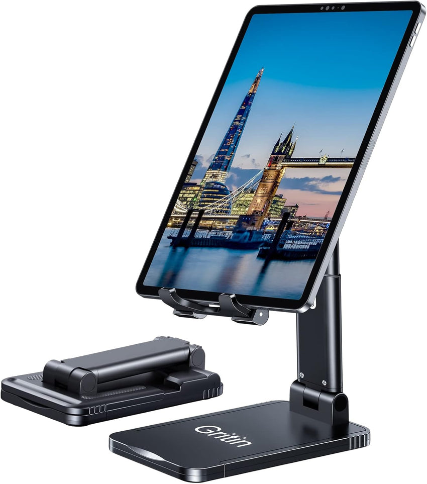 Gritin Tablet Stand, Adjustable Tablet Holder - Foldable Desktop Tablet/Phone Stand Holder Super Stable Compatible with New iPad 12.9, 11, 10.9, 10.2 Air mini 2 3 4 5 6 and All 4-12.9" Tablets