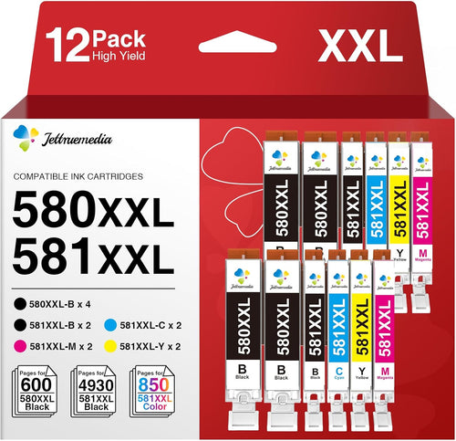 Jettruemedia 12-Pack 580XXL 581XXL Ink Cartridges for Canon PGI-580XL CLI-581XL PGI-580 CLI-581 Ink Compatible with Canon Pixma TS6151 TS6150 TS6250 TS6251 TS6350 TS6351 TS705 TS8350 TR7550 TR8550
