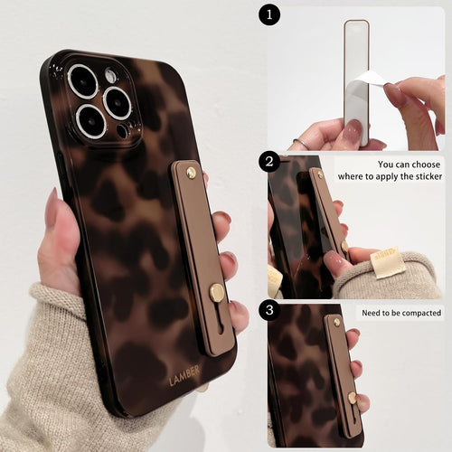 NITITOP Compatible with iPhone 15 Pro Case Cute Leopard Print Brown Amber Tortoise Design for Women Girls Men with Wrist Adjustable Hand Strap Kickstand Aesthetic Protective Cover - Brown