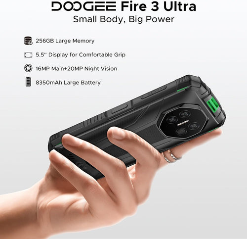 DOOGEE Fire 3 Ultra Rugged Smartphone, 8350mAh, Android 15 Mini Rugged Phone With Gemini AI, 5.5" HD+, Octa Core, 24GB+256GB Mobile Phone, 20MP Night Vision Camera, Fingerprint Unlock, NFC, IP68/IP69K