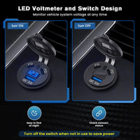 Thlevel USB C Car Charger Socket Waterproof Fast Charge Power Outlet 45W PD & 18W QC3.0 with LED Digital Voltmeter and Switch for 12V 24V Marine Boat Motorcycle Truck