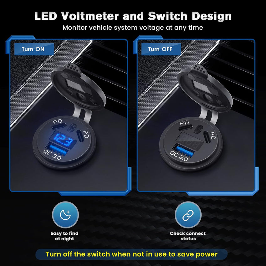 Thlevel USB C Car Charger Socket Waterproof Fast Charge Power Outlet 45W PD & 18W QC3.0 with LED Digital Voltmeter and Switch for 12V 24V Marine Boat Motorcycle Truck