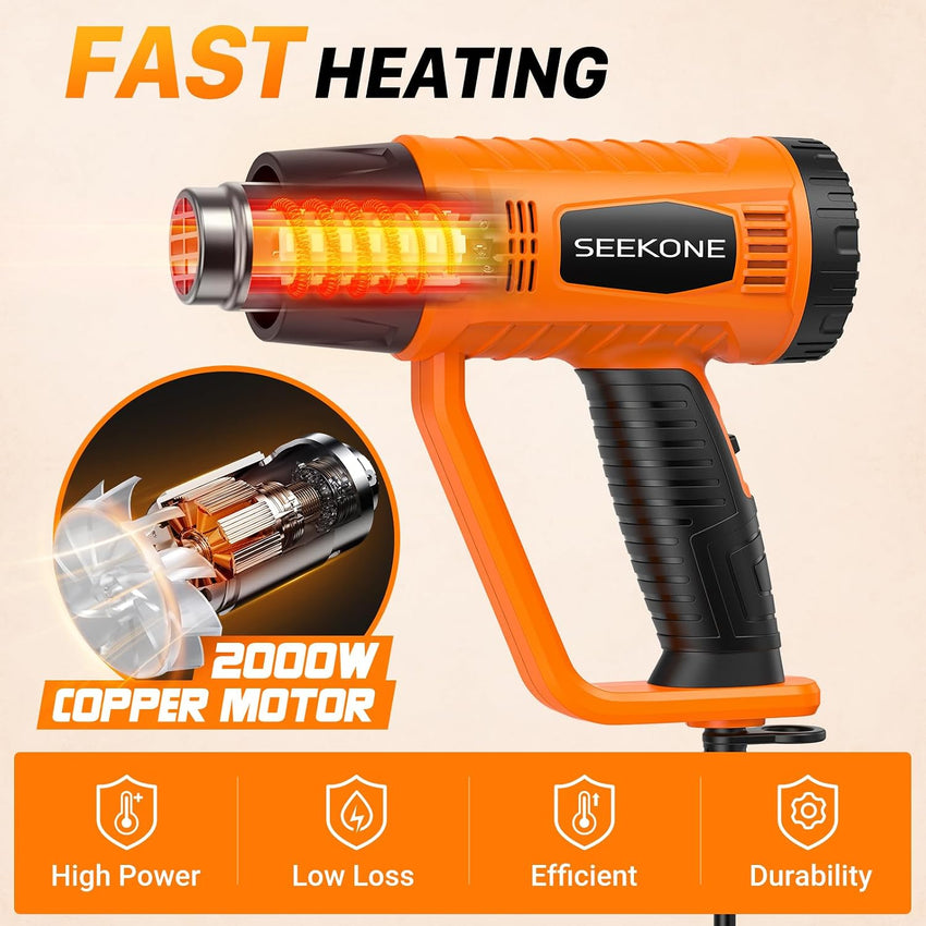 Heat Gun, SEEKONE 2000W Professional Heavy Duty Hot Air Gun Kit 400â & 600â Dual-Temperature Settings with Flame Retardant Protective Cover, 4 Nozzles for Crafts, Shrinking PVC, Stripping Paint