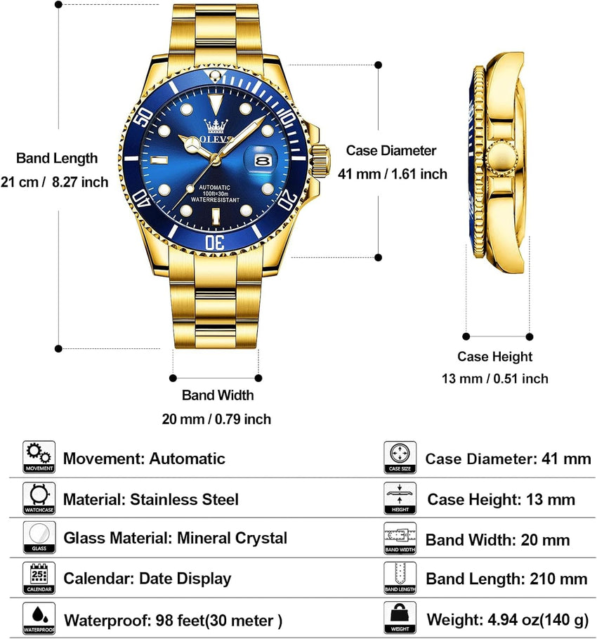 Men's Automatic Watch Big Stainless Steel Case Date Display Blue/Gold