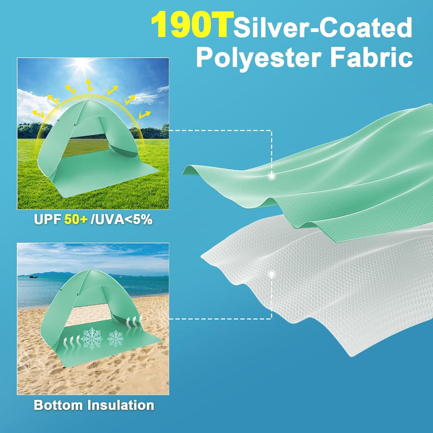 NHOWIN Pop Up Beach Tent for 2-3 Persons, 2025 Upgraded Windproof Pop Up Tent with 4 Wind Ropes & 8 Nails, 50+ UV Sun Protection Beach Shelter Portable & Easy Set Up Sun Shade for Park Garden Picnic