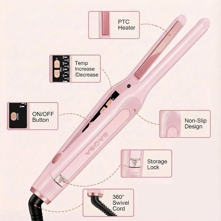 SAOSA Pencil 0.3 Inch Hair Straighteners, Small Straightener and Curler 2 in 1, Thin Ceramic Floating Plate Flat Iron for Women Short Hair, Pixie Cut and Bangs, Auto Shut Off(Rose Gold)