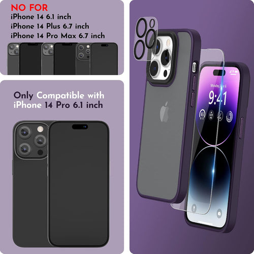 Niunisi Matte Compatible with iPhone 14 Pro Case with Screen Protector, Full Body Shockproof Case with Camera Protector Translucent Matte Protective Slim Phone Case 6.1 inch, Midnight Purple