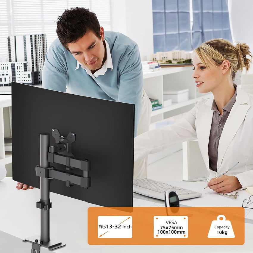 Single Monitor Arm Desk Mount, Max Load 10kg, Single Monitor Mount for 13-32 inch LCD LED Screens, Adjustable Single Desk Mount with Tilt Swivel Rotation, 2 Mouting Options, Vesa 75x75/100x100mm White