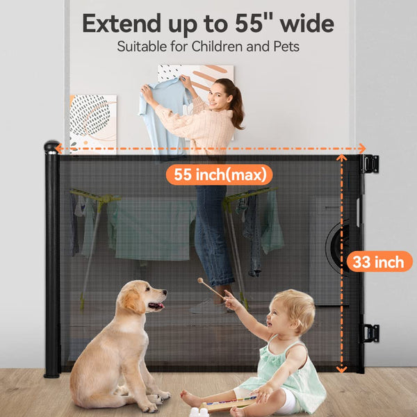 COMOMY Retractable Baby Gate for Stairs, 0-140cm Mesh Dog Gate for House Doorways Hallways, 84cm Tall Extra Wide Child Safety Gate for Kids Pets, Indoor and Outdoor (Black)