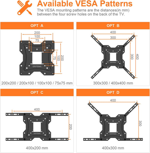 GRIFEMA GB1004 Swivel TV Wall Bracket for 26-55 inch, up to 30KG, Tilt Extendable TV Wall Mount for Flat & Curved Screen, Max Vesa 400X400MM