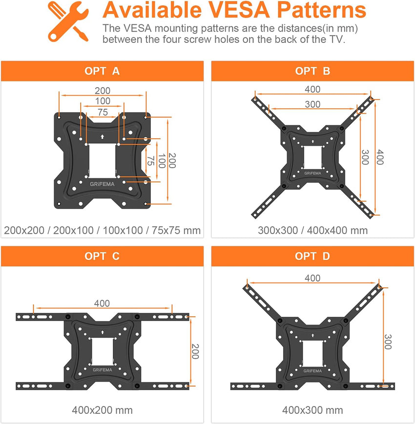 GRIFEMA GB1004 Swivel TV Wall Bracket for 26-55 inch, up to 30KG, Tilt Extendable TV Wall Mount for Flat & Curved Screen, Max Vesa 400X400MM