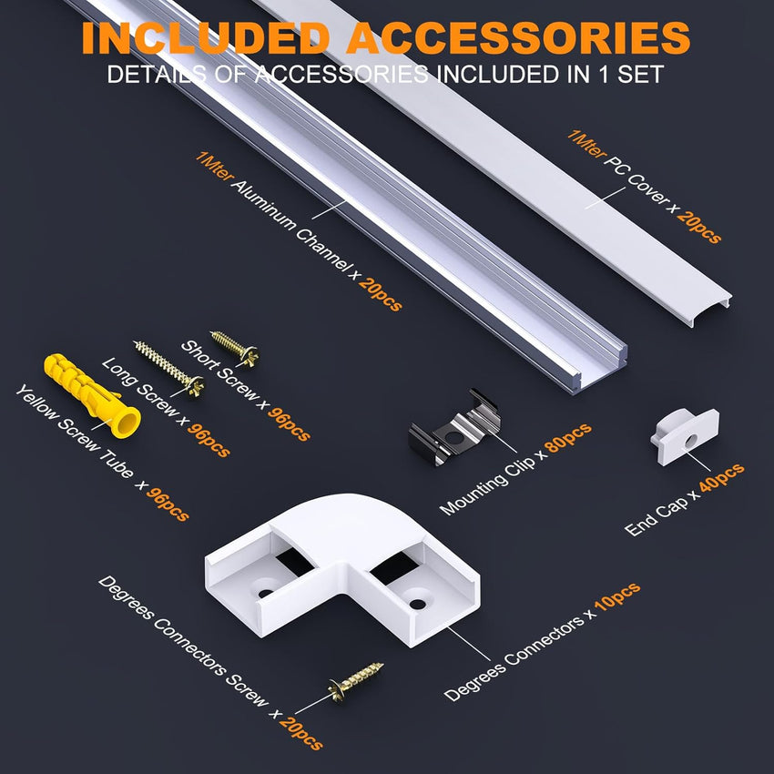 LED Aluminum Channel U Shape, 20 Pack LED Strip Diffuser 3.3ft/1Meter LED Profile with Milky White Cover, End Cap and Mounting Clip Aluminum Extrusion 90 Degrees Connectors for LED Strip Lights