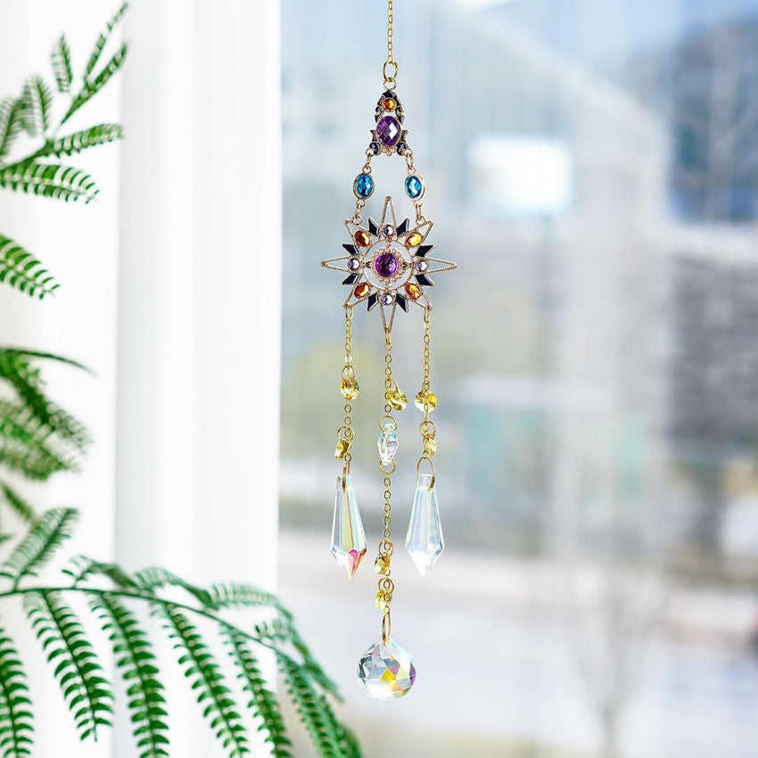 Hanging Sun Catchers with Crystals, Glass Icicle Prisms Rhinestones Suncatcher, Rainbow Maker Pendant Indoor Window Home Car Decor Gift