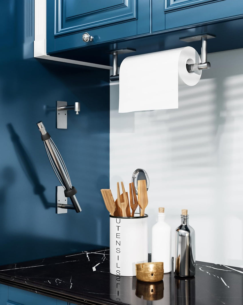 WZRUA Kitchen Roll Holder Under Cabinet, Wall Mounted or Self Adhesive Paper Holder, Brushed Nickel SUS304 Stainless Steel Kitchen Roll Holder with Damping for Kitchen(Square Base)