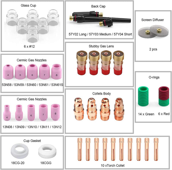 TIG Welding Gas Lens Kit #12 61pcs for WP-17/18/26 with Glass Cups & Accessories #12