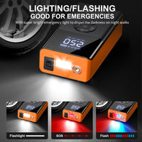 8000A Car Jump Starter with 180PSI Air Compressor 12V Smart Clamps LED Flashlight Portable Battery Booster Orange
