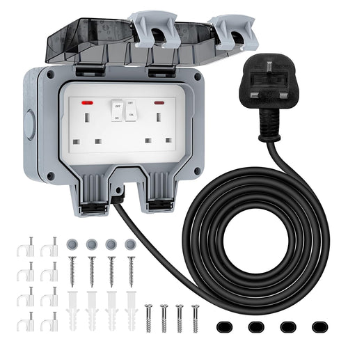 Weatherproof Outdoor Socket Waterproof Double Socket 3M Extension Lead IP66 Switched Wall Electrical Outlet 13 Amp 2 Gang Power Socket, Garden Outside Plug Sockets Cover Box