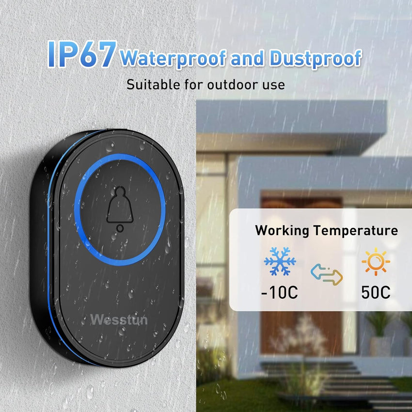 Wireless Doorbell, IP67 Waterproof Plug in Doorbell Kits Operating at The Range of 300m with 39 Loud Melodies, 5 Levels Volume Adjust & LED Indicator, Easy Install at Home & Apartment, Black