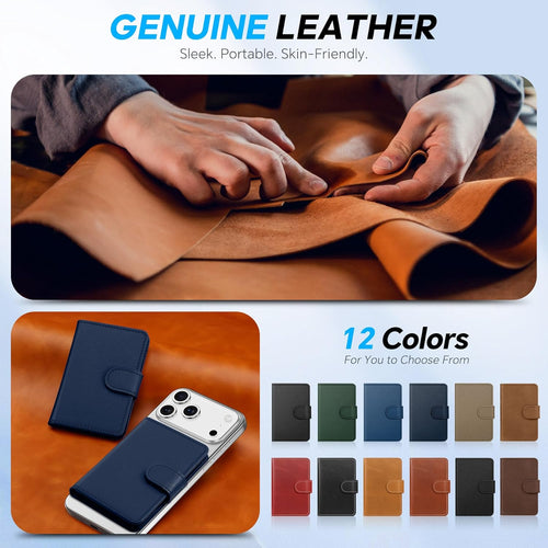 SHIELDON Magnetic Card Holder, Genuine Leather, RFID Blocking, 6 Card Slots, ID Window, Slim Pocket Wallet Compatible with iPhone 16/15/14/13/12 & Magnetic Cases - Navy Blue