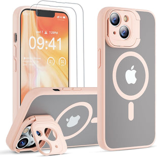 GOODVISH Newest Magnetic Case for iPhone 14 Case/iPhone 13 Case Compatible with Magnetic [Magic Camera Stand+2 Screen Protector] All-in-1 Shockproof Slim Hard Translucent Matte Phone Case Cover, Pink
