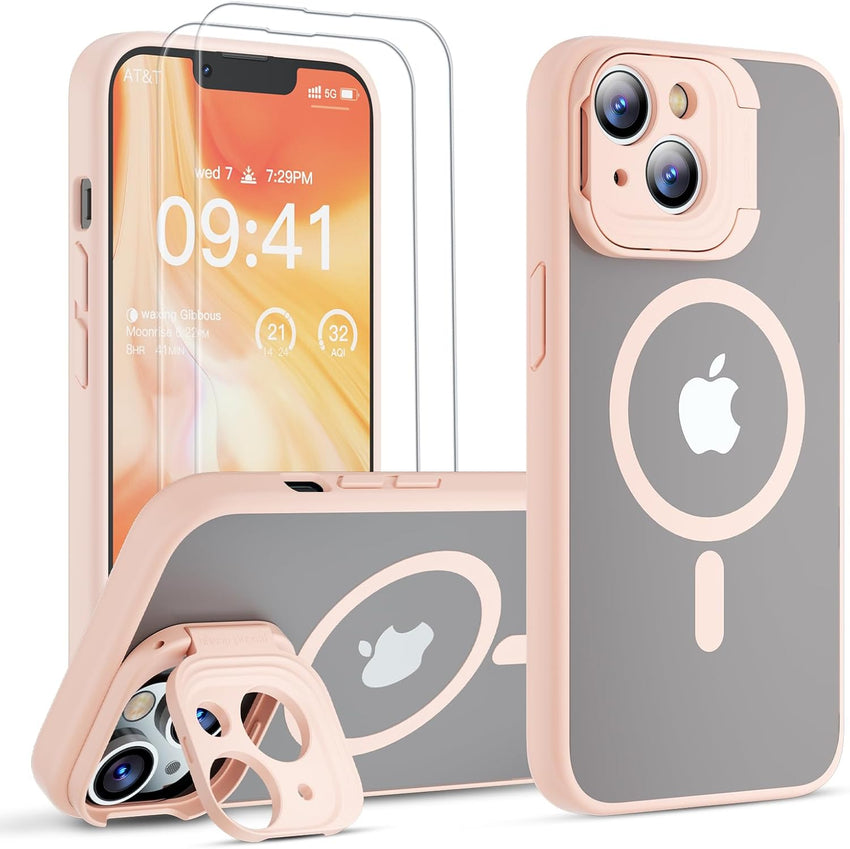 GOODVISH Newest Magnetic Case for iPhone 14 Case/iPhone 13 Case Compatible with Magnetic [Magic Camera Stand+2 Screen Protector] All-in-1 Shockproof Slim Hard Translucent Matte Phone Case Cover, Pink