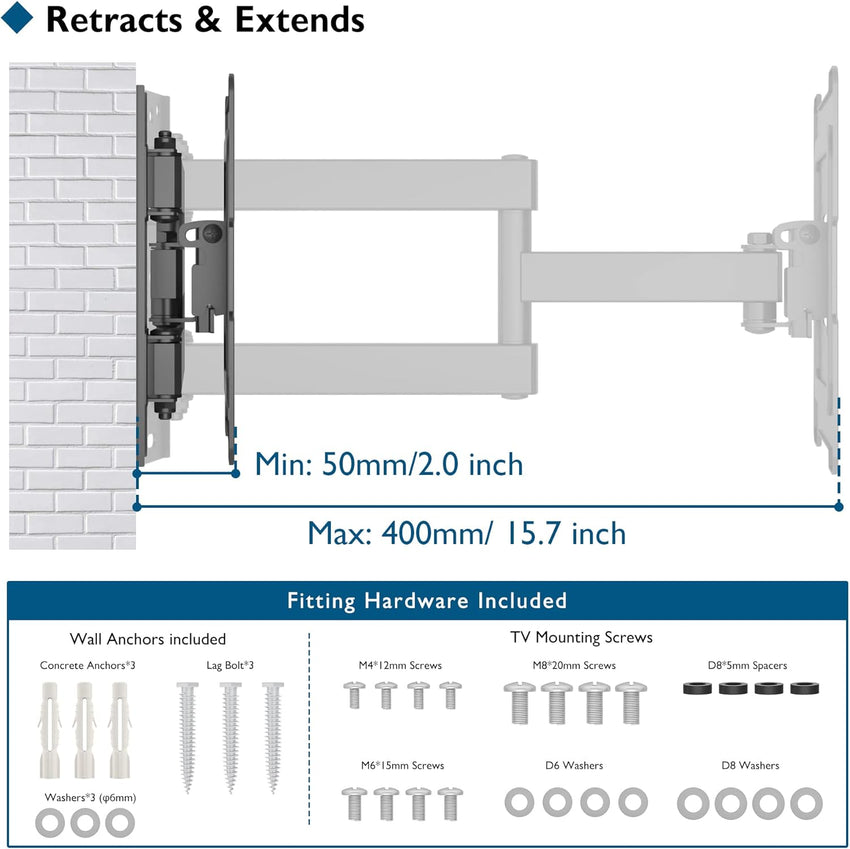 BONTEC TV Wall Bracket Mount for most 13-43 Inch LED/LCD/OLED Flat TVs/Monitors, Swivel Tilt, Extendable and Retractable TV Wall Mount With Articulating Arms up to 35kg, Max VESA 200 x 200mm