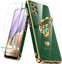 Nonional for Samsung Galaxy A32 5G Case with 2 Pack Screen Protector, 360^0 Rotatable Ring Holder [Luxury Hearts Pattern] Plating Gold Edge Slim Soft Phone Cover Case for Galaxy A32 - Green
