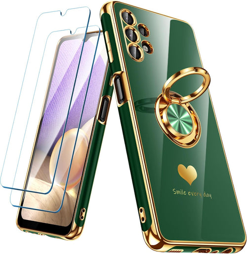 Nonional for Samsung Galaxy A32 5G Case with 2 Pack Screen Protector, 360^0 Rotatable Ring Holder [Luxury Hearts Pattern] Plating Gold Edge Slim Soft Phone Cover Case for Galaxy A32 - Green