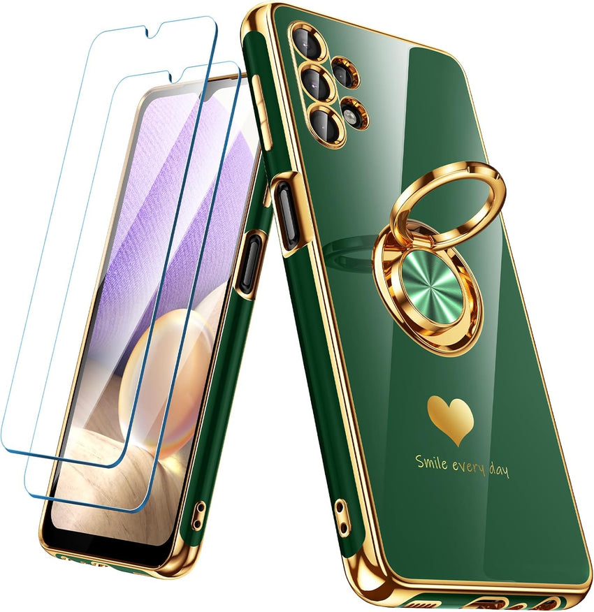 Nonional for Samsung Galaxy A32 5G Case with 2 Pack Screen Protector, 360^0 Rotatable Ring Holder [Luxury Hearts Pattern] Plating Gold Edge Slim Soft Phone Cover Case for Galaxy A32 - Green
