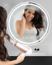 Dripex 600mm Round Bathroom Mirror with LED Light, Illuminated Wall Mounted Vanity Mirror with Demister, Anti-fog Large Circle Makeup Mirror, 3-Color Dimmable LED Light, IP44