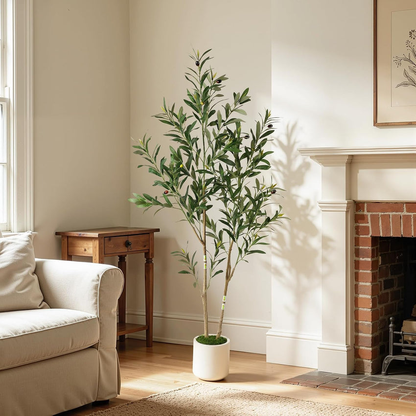Alupssuc 5FT Olive Tree Artificial, Faux Olive Tree with White Pot, Fake Olive Tree Indoor Outdoor with Natural Wood Trunk & Lifelike Fruits, Perfect for Modern Home Office Living Room Floor Decor