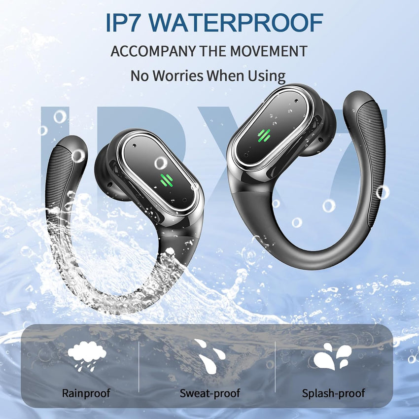 Wireless Earbuds, Bluetooth 5.4 Headphones Sport with 4 ENC Noise Cancelling Mic, 50H Wireless Headphones with Earhooks HiFi Stereo Deep Bass, IP7 Waterproof Bluetooth Earphones for Sport/Gym black