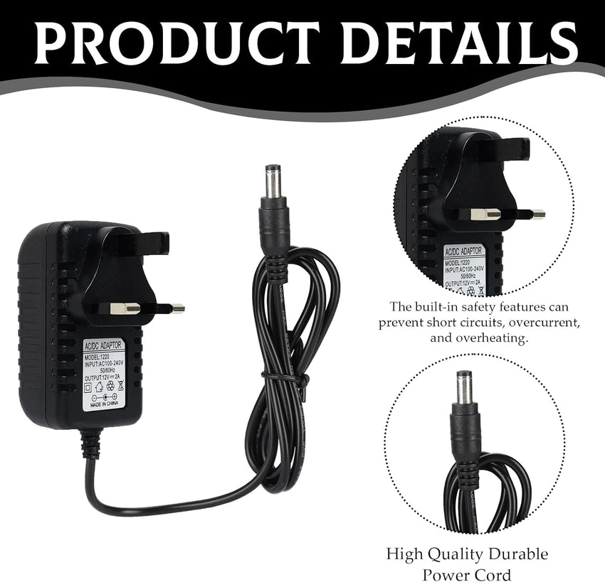 Universal 12V 2A Power Supply, DC/AC Adapter 100-240V 50/60Hz, 5.5mm x 2.1mm Plug, AC Adapter Is Suitable for LED Light Strips, Routers and Other Devices