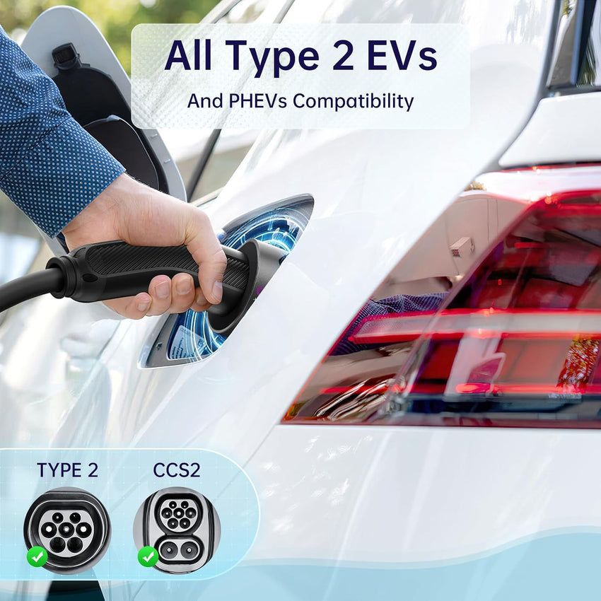 QIAO)) Type 2 EV Charging Cable, 7.4kW 10M 32A Single Phase, Electric Vehicle Type 2 to Type 2 IEC 62196 EV Charger Cable, EVs/Plug-in Hybrid Fast Car Charging Cable with Carry Bag