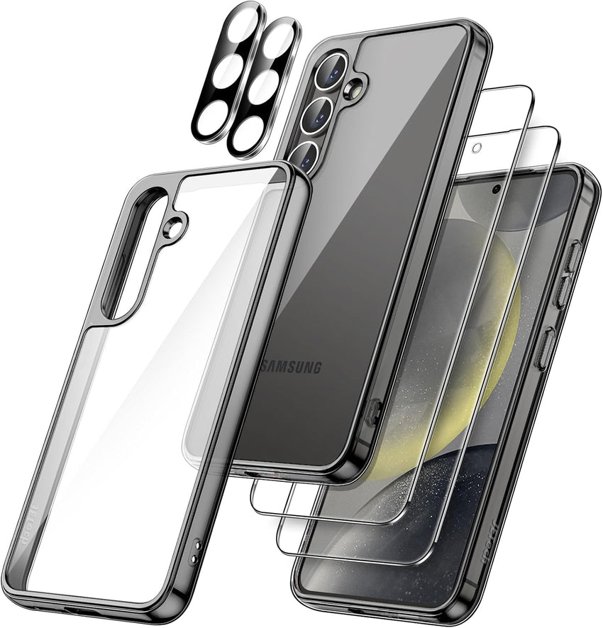 JETech 5 in 1 Case for Samsung Galaxy S24+ / S24 Plus 5G with 2-Pack Each Tempered Glass Screen Protector and Camera Lens Protector, Non-Yellowing Shockproof Bumper Phone Cover (Dark Blue)