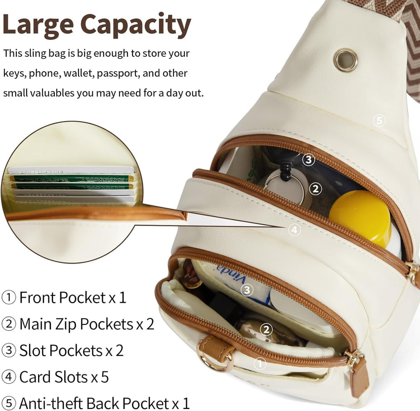 OSOCE Crossbody Bag for Women PU Sling Belt Bag Small Shoulder Chest Bag Purses with Adjustable Guitar Strap Phone Cable Hole Fanny Pack Cross Body Bags with for Ladies Travel Shopping.