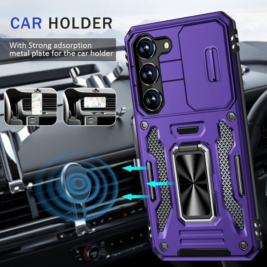 BaHaHoues for Samsung Galaxy S23 Case with Slide Camera Cover and 360^0 Rotatable Magnetic Kickstand Ring, Military Grade Shockproof Protective Case for Galaxy S23 5G (Purple)
