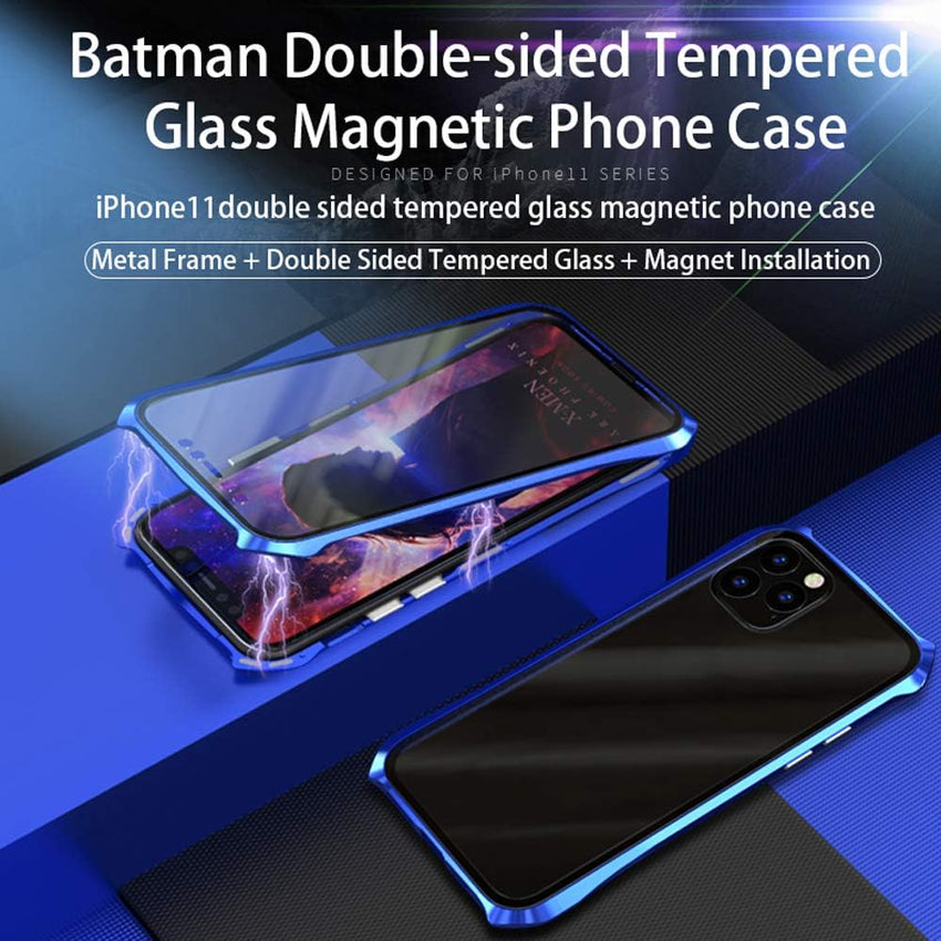 Case for iPhone 11 Pro Magnetic Adsorption Technology Cover Batman style design 9H Front and Back Tempered Glass 360Â° Full Body Shockproof Ultra Thin Metal Bumper - Silver